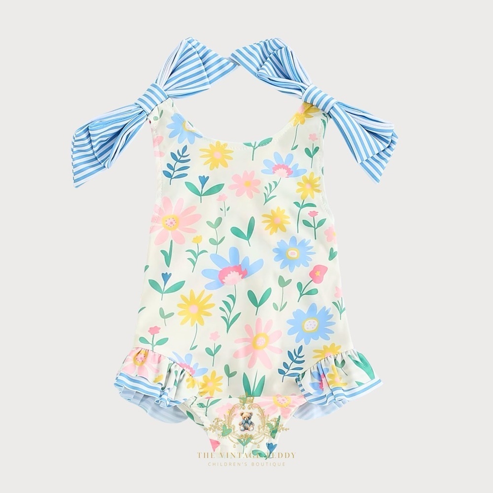 NWT Pretty Girls One-Piece Swimsuit Swimwear for Kids Flowers & Stripes 3T-4T